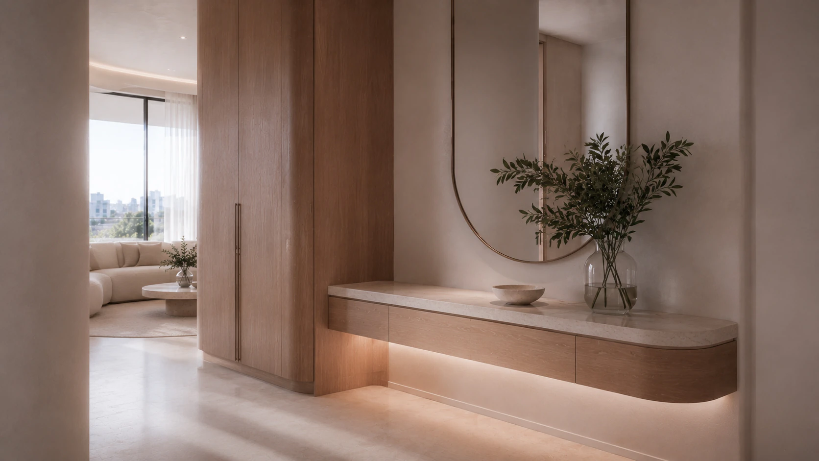 South Yarra Apartment entry with integrated lighting, storage and a restrained material palette.
