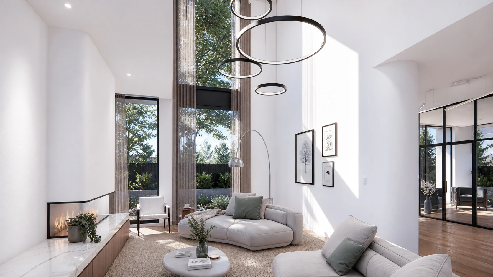 Formal living room with warm timber joinery, stone surfaces and soft natural light.