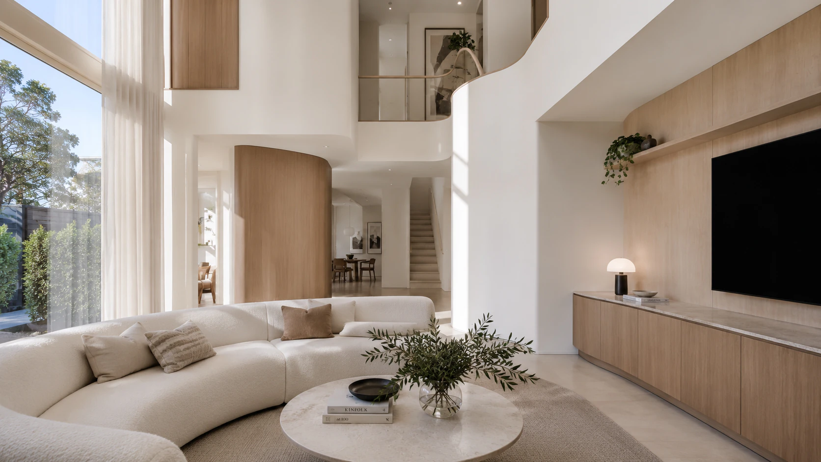 Kew Residence living room with curved seating, warm joinery and layered natural light.