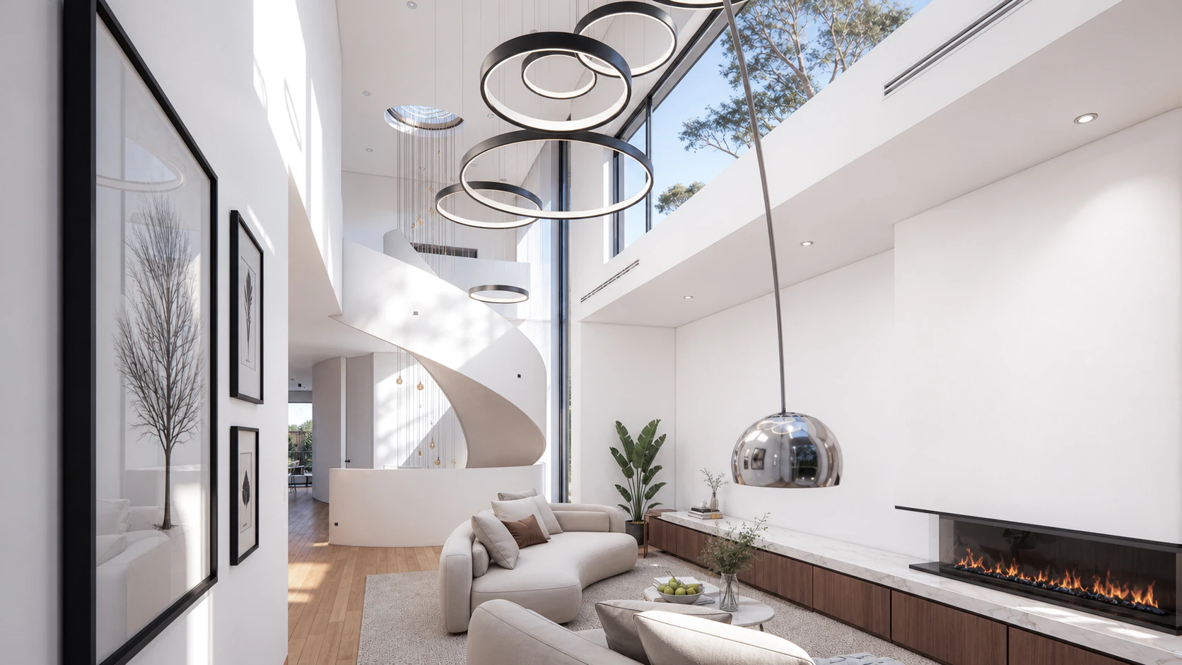 Formal living room focused on a restrained fireplace and layered material palette.