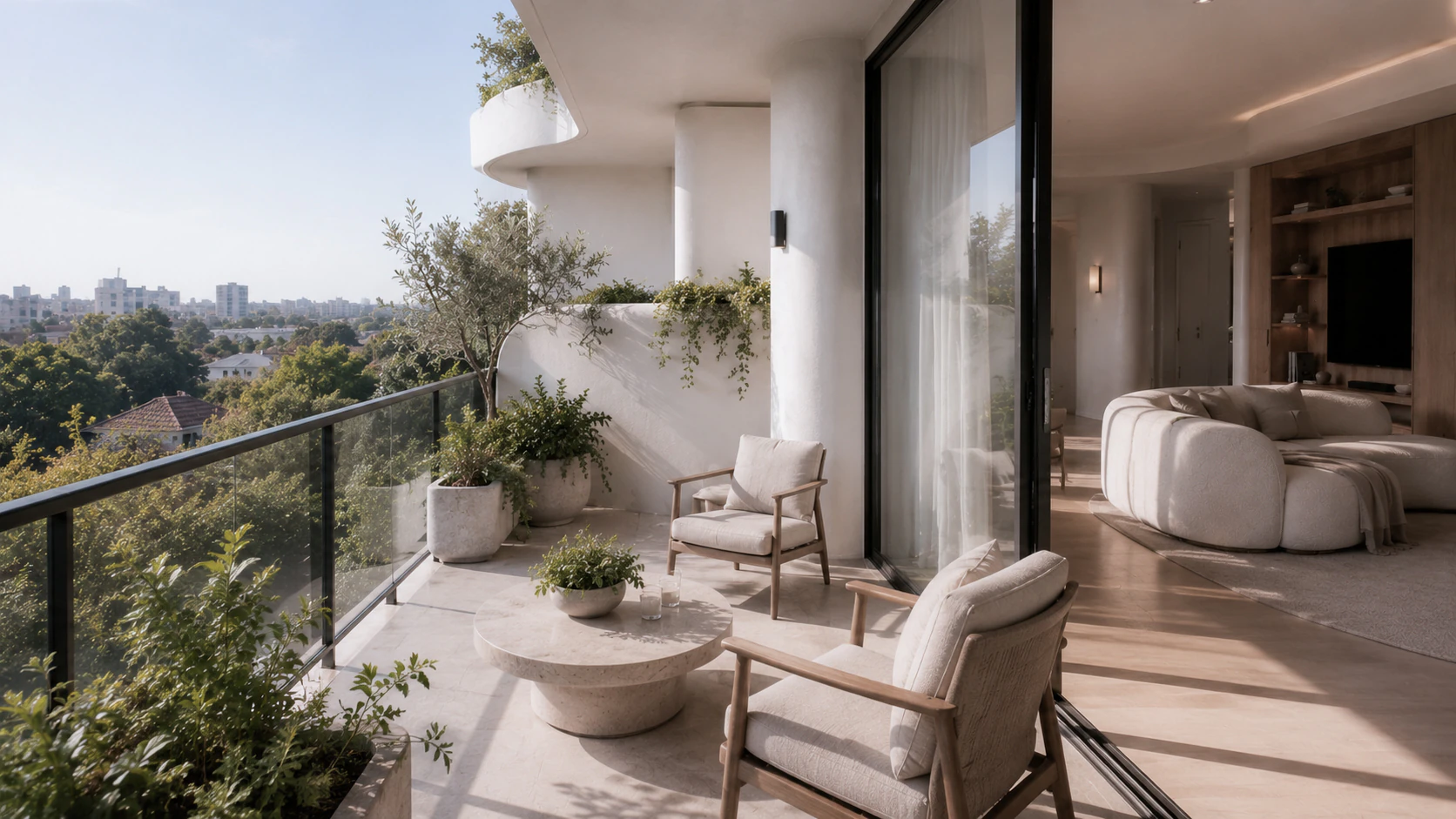 South Yarra Apartment balcony arranged as an extension of the interior living space.
