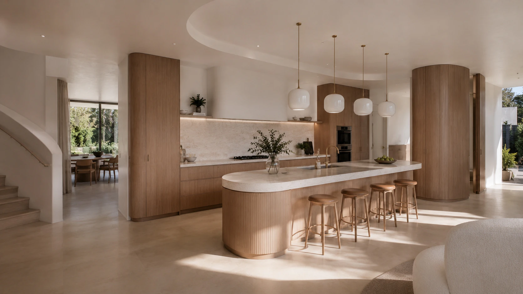 Second kitchen view showing the relationship between joinery, lighting and circulation.