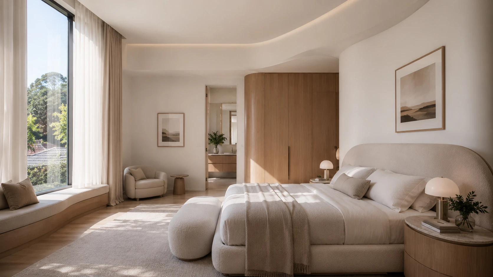 Kew Residence bedroom with a calm neutral palette and tailored joinery.