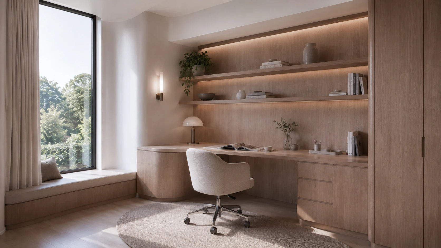 Integrated study with warm timber joinery and focused task lighting.