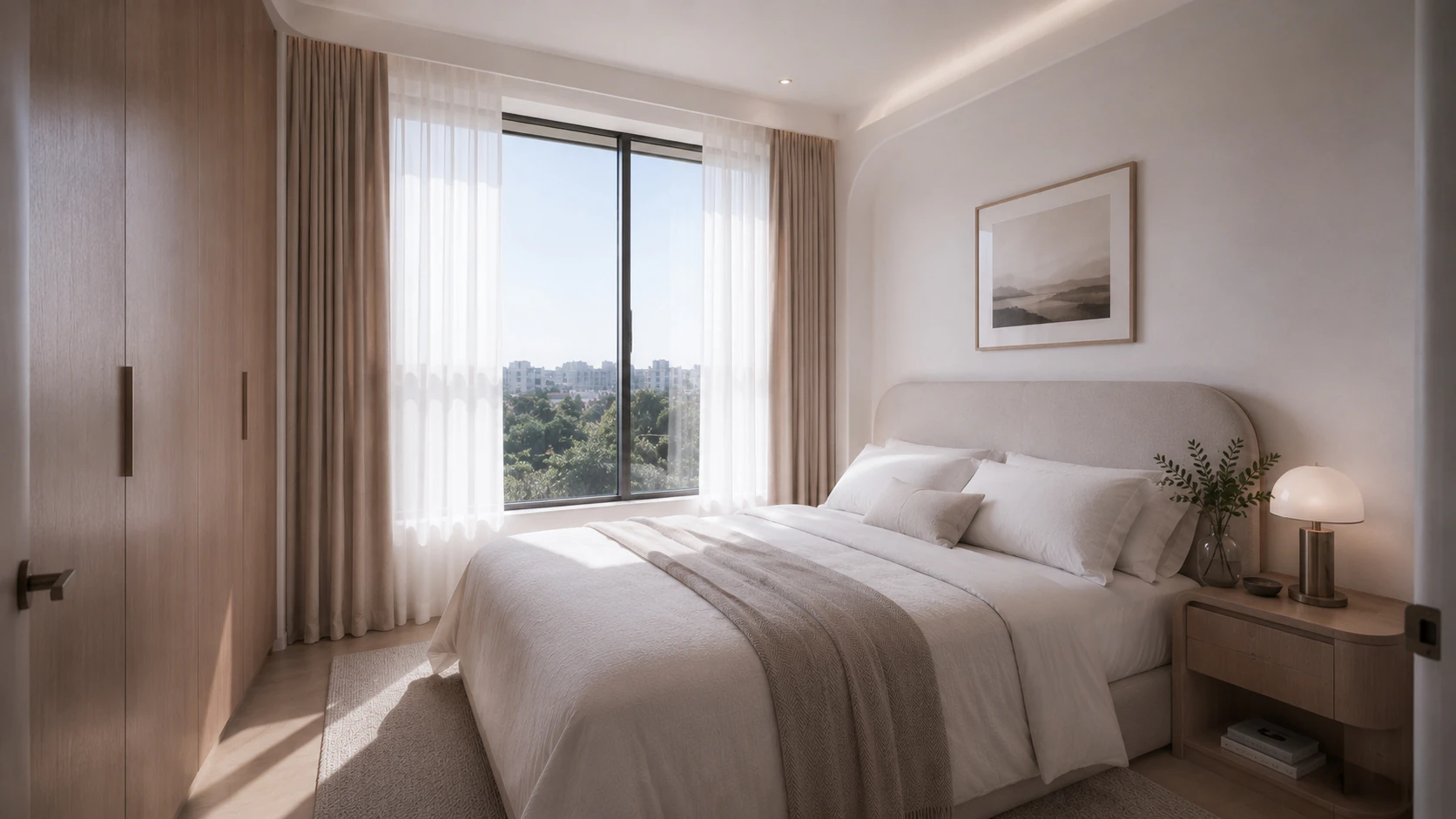 South Yarra Apartment bedroom with soft materials and integrated bedside joinery.