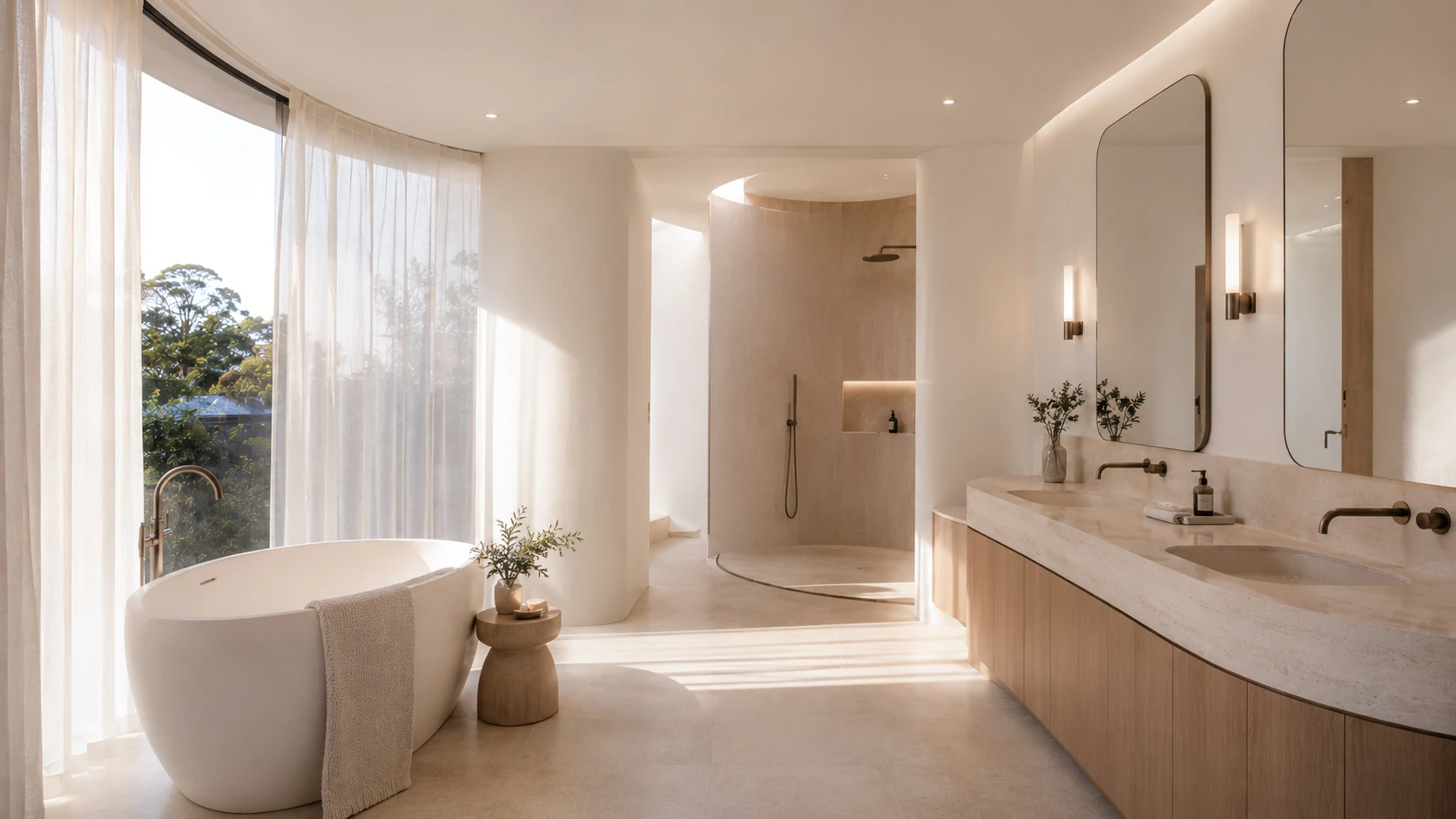 Main bathroom with stone surfaces, soft light and restrained detailing.