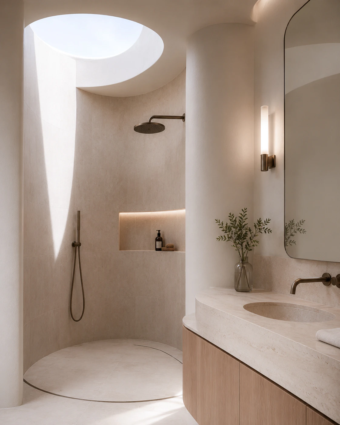 Second Kew Residence bathroom with a vertical composition and quiet stone palette.