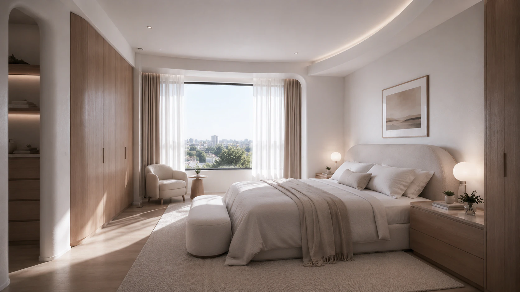 Second bedroom view showing the calm interior palette and storage.