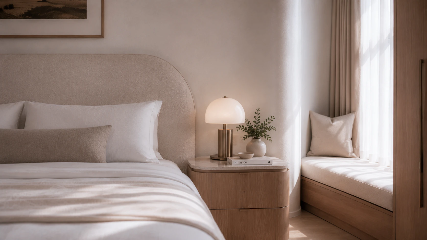 Apartment bedroom composition with tailored joinery and layered lighting.
