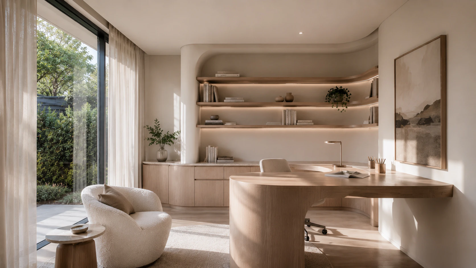 Kew Residence home office with integrated storage and controlled daylight.