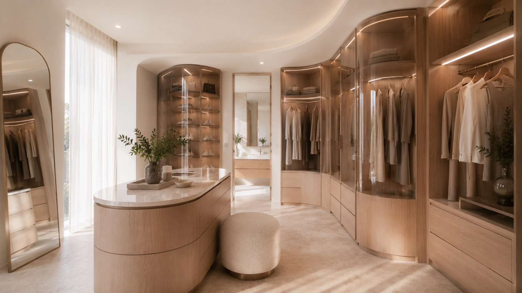 Walk-in robe with integrated cabinetry and warm lighting.