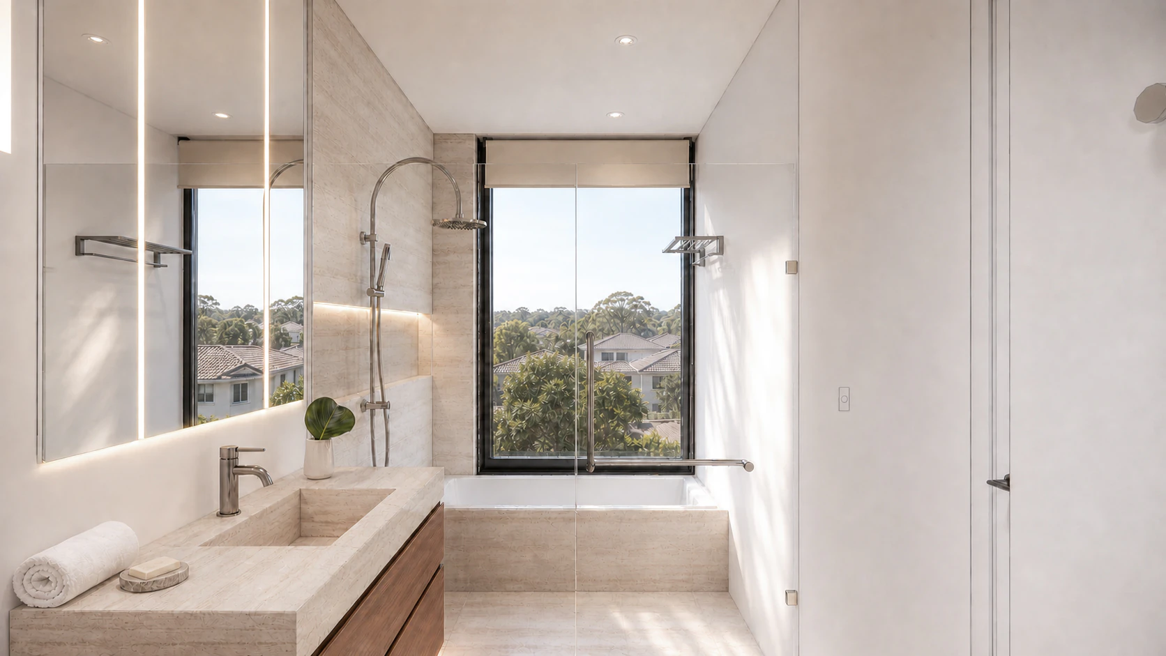 Camberwell Residence bathroom with stone surfaces and controlled daylight.