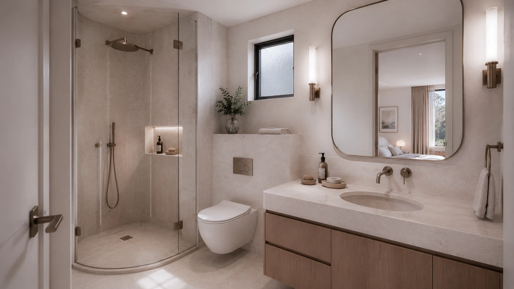 South Yarra Apartment bathroom with stone surfaces and warm integrated lighting.