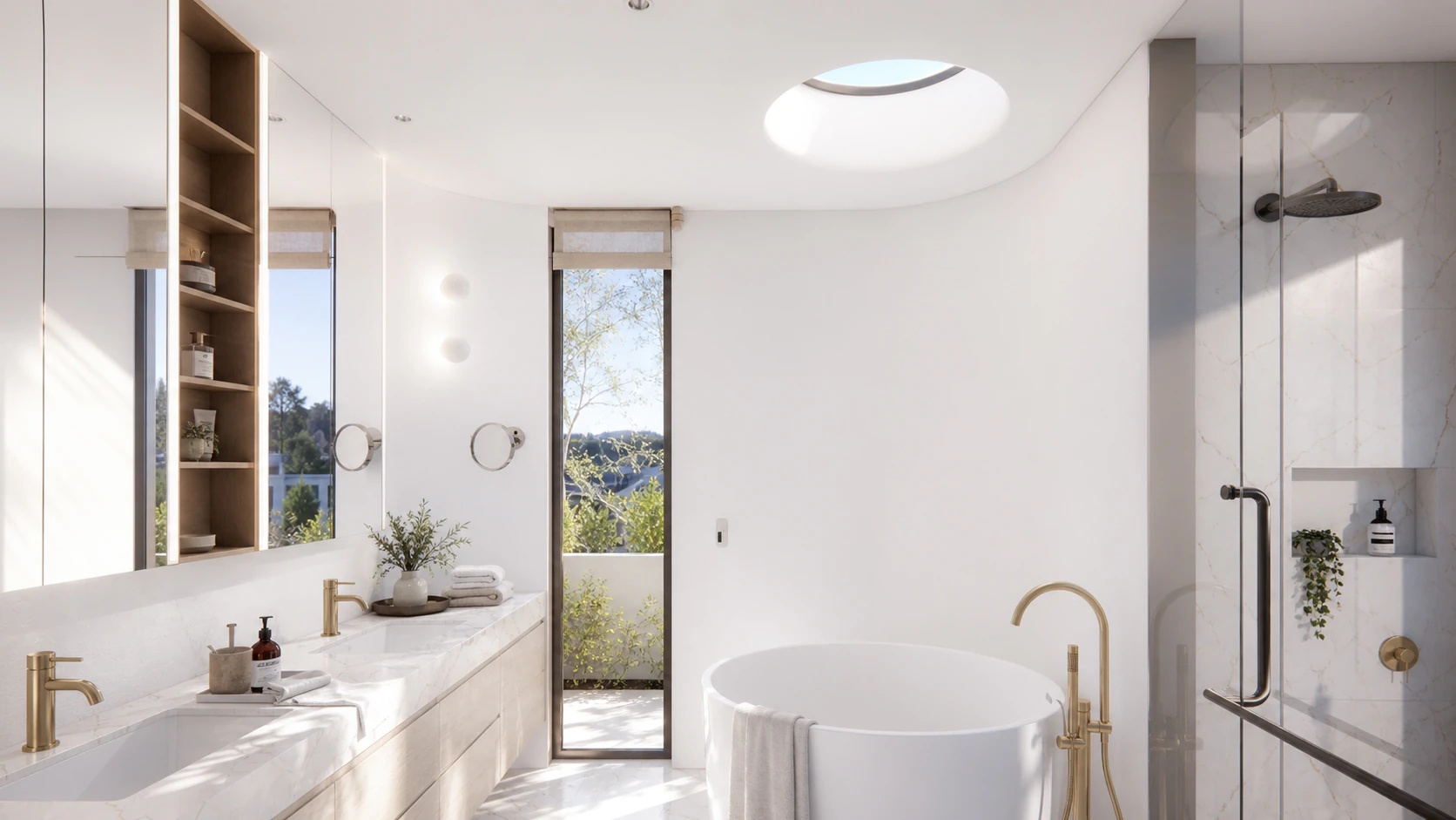 Second bathroom view showing the quiet stone and timber material palette.