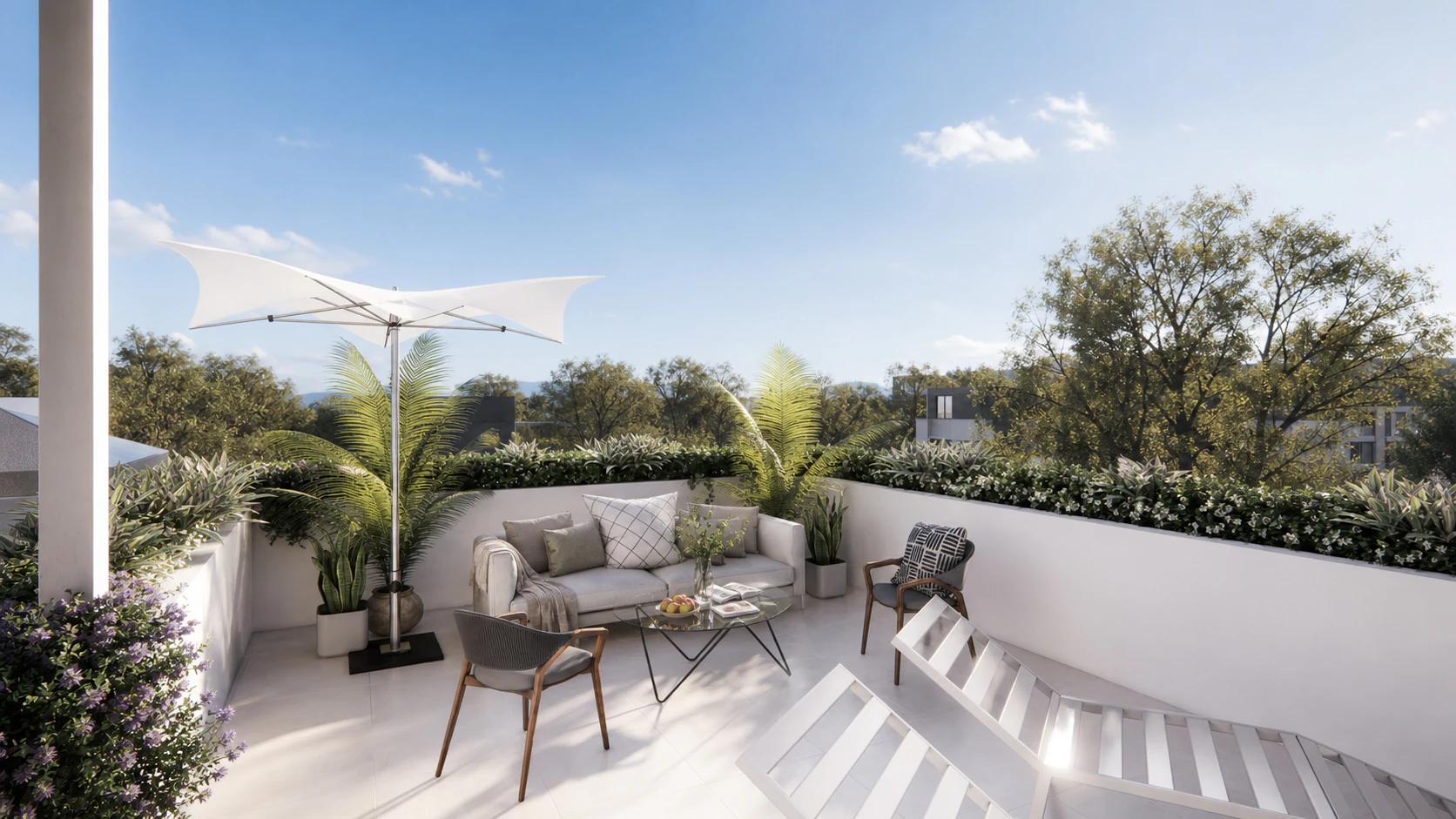 Landscaped roof garden forming an elevated outdoor room.
