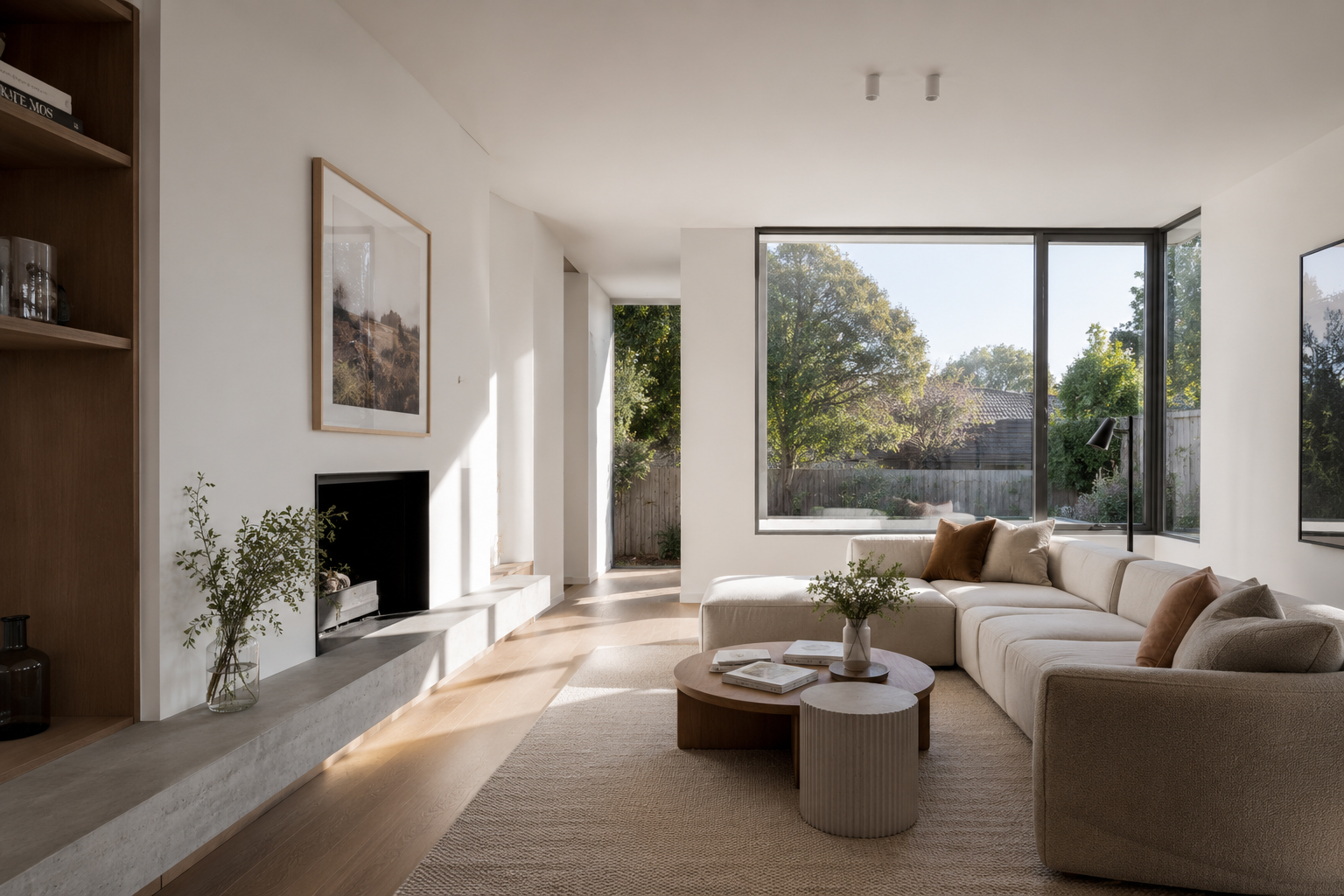 Pale timber stair and double-height void with a slender balustrade and filtered garden views.