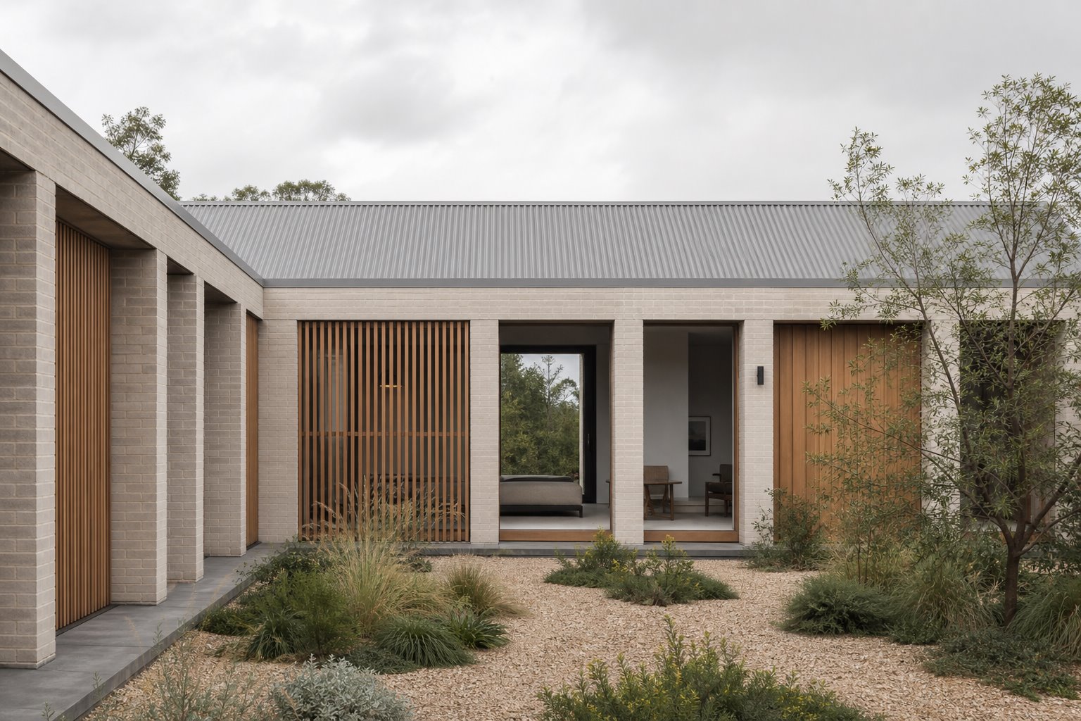 Modest courtyard house with disciplined brick bays, timber screens and a restrained material palette.