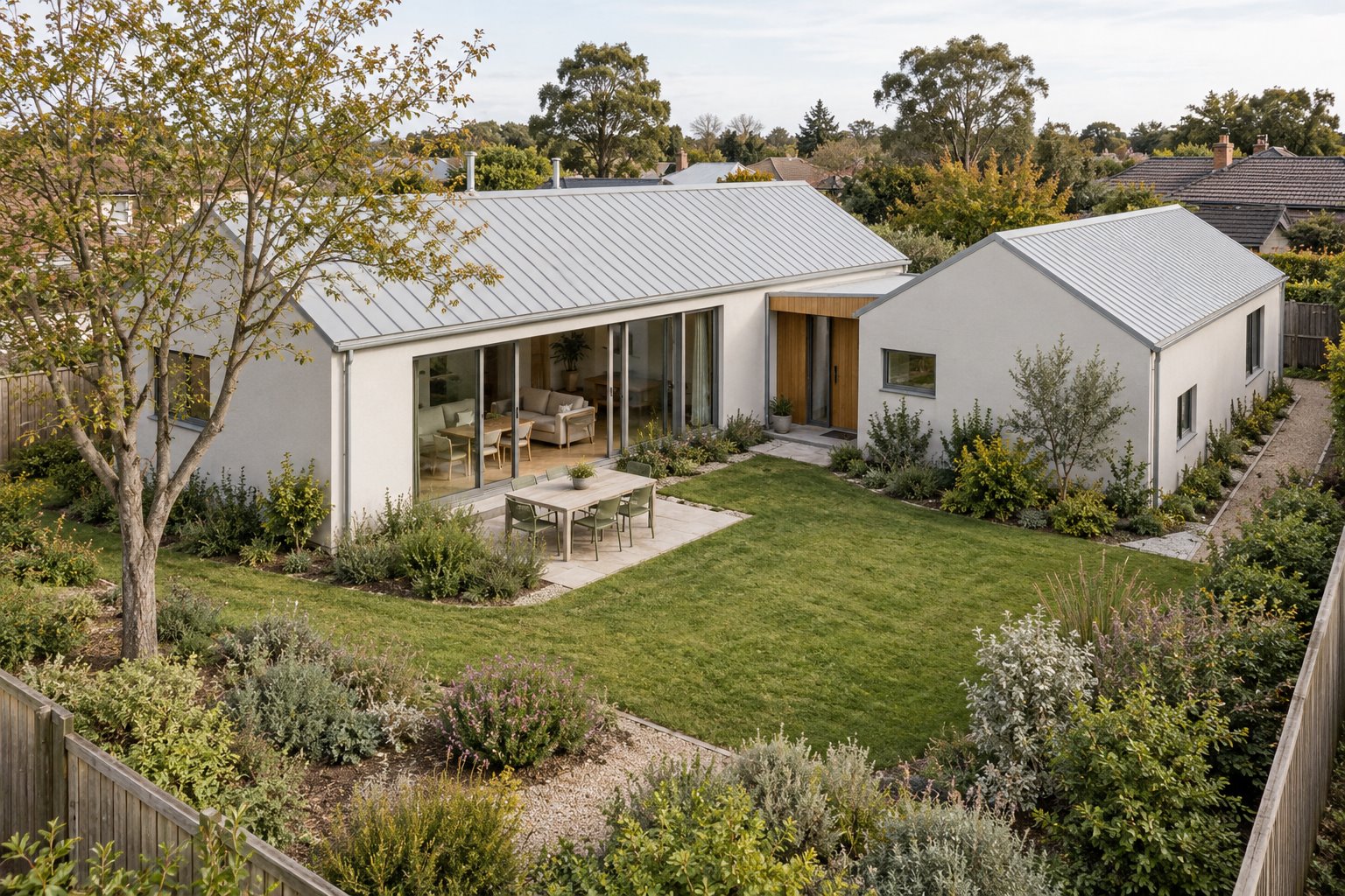 Architectural concept viewed from above a garden, showing two pale low-rise wings, a timber entrance, shaded living glazing and side access.