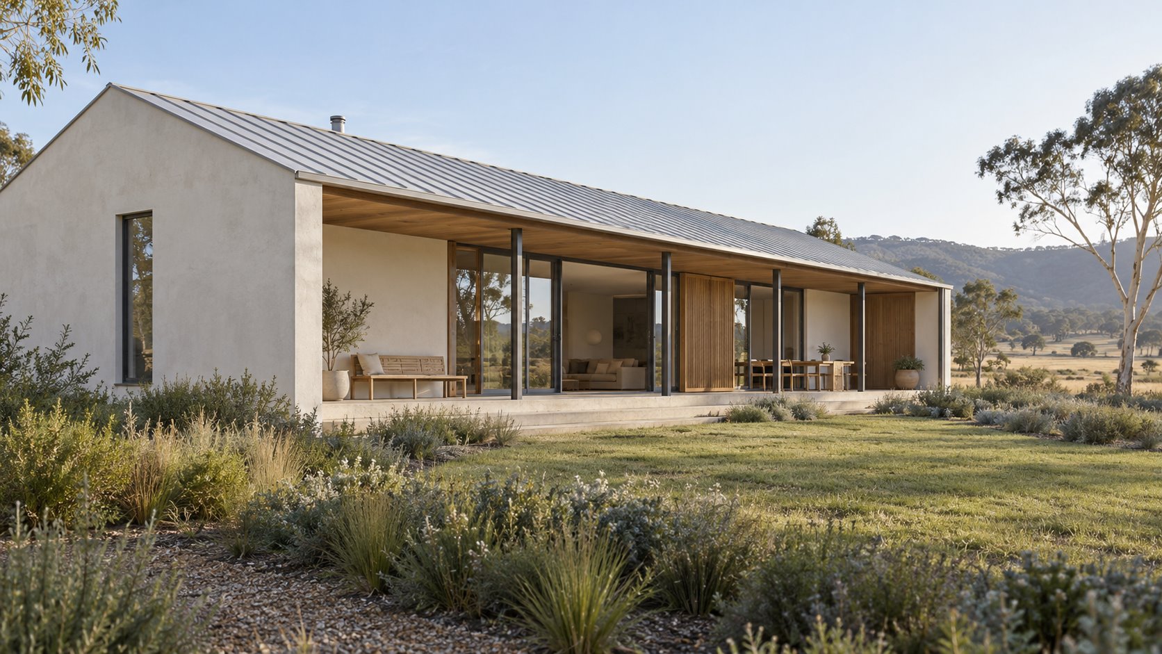 Architectural concept of a low white regional home with a pitched metal roof, timber-lined sheltered terrace and sliding openings facing a garden.