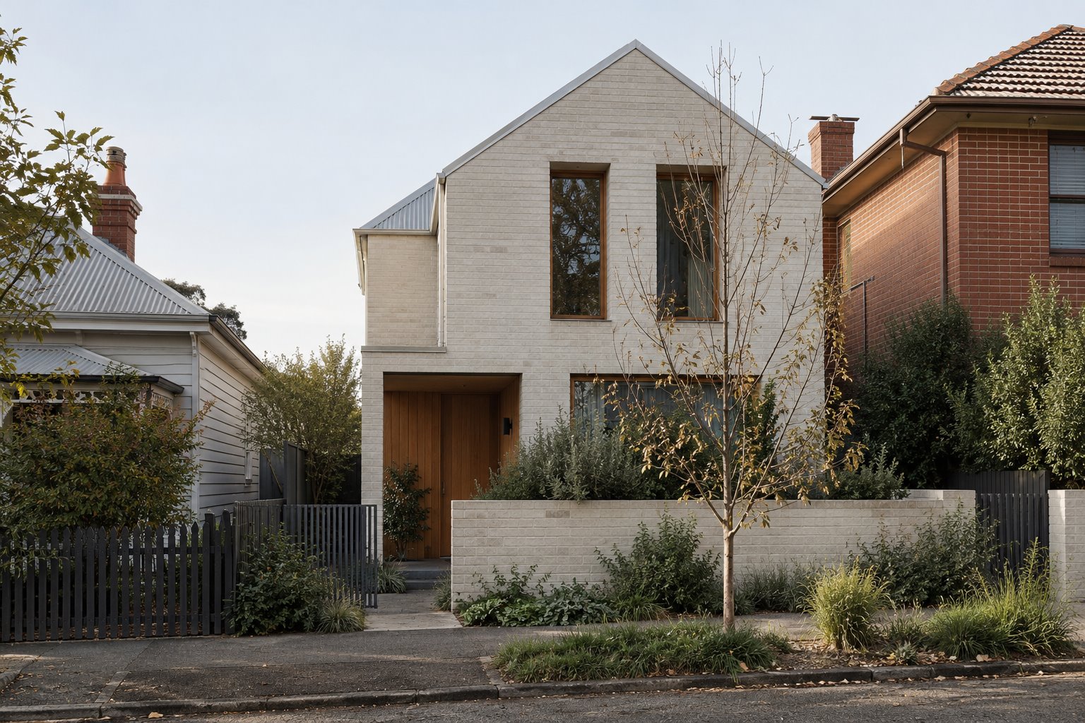 Architectural concept of a pale brick infill home with a pitched roof and timber entrance between weatherboard and brick neighbours.