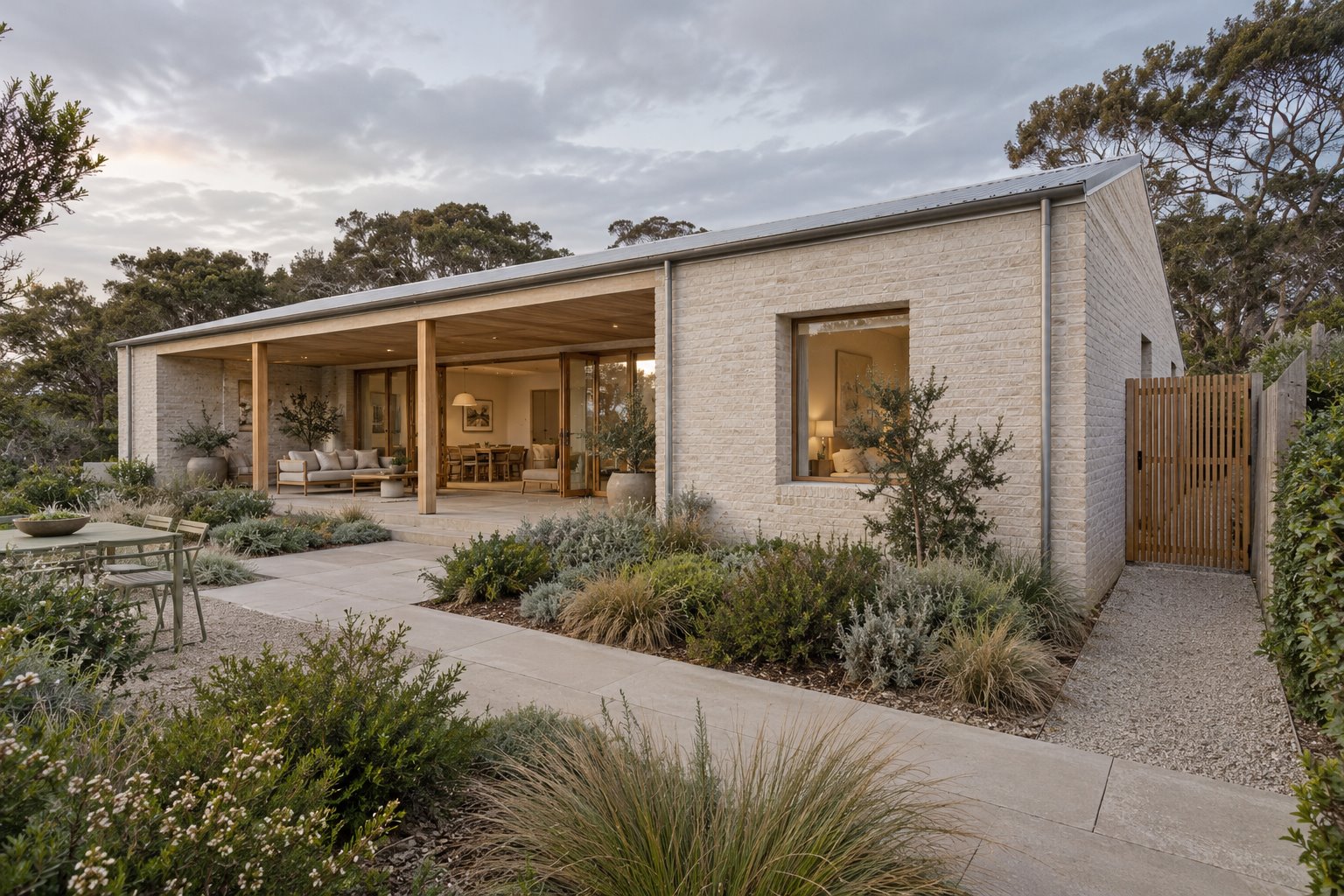 Architectural concept of a low pale brick home with a deep timber-lined porch, planted garden and separate gated side path.