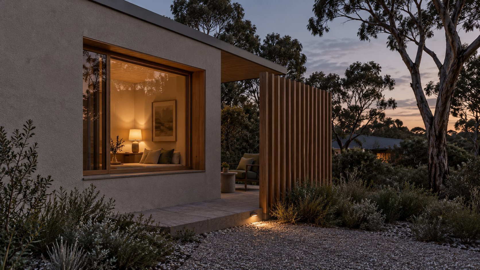 Architectural concept at dusk of a low mineral-grey home with a timber-lined sitting-room window, a short privacy screen and shielded step light.
