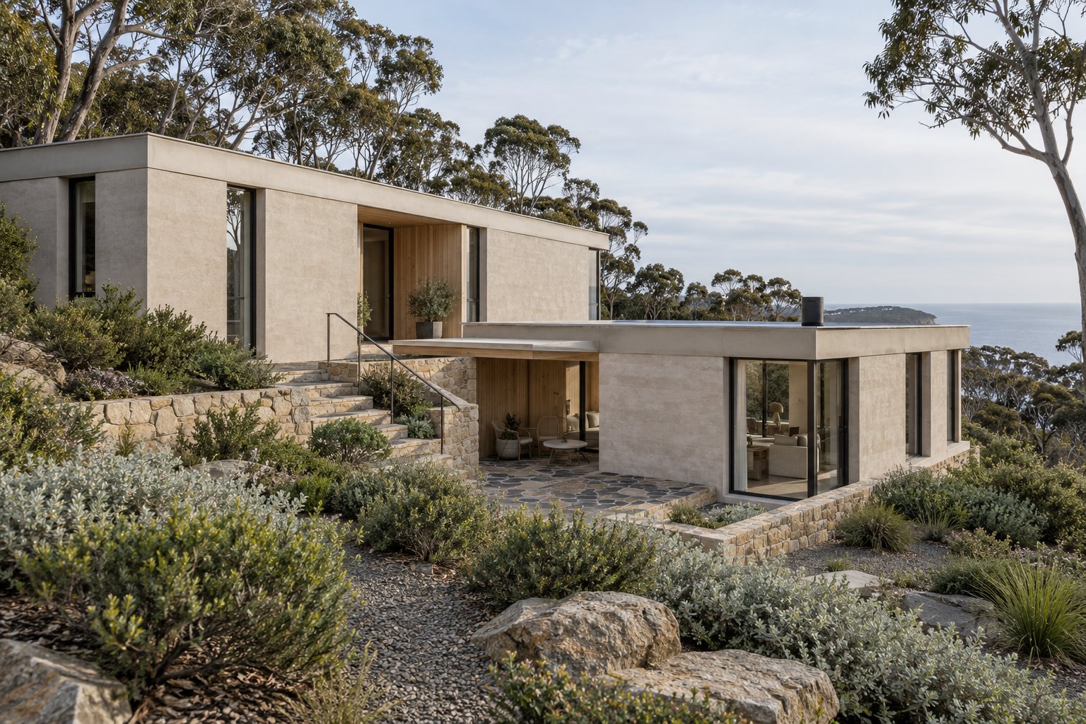 Architectural concept of two low pale mineral-clad coastal volumes stepping down a planted slope around a sheltered stone terrace, with a distant sea view.