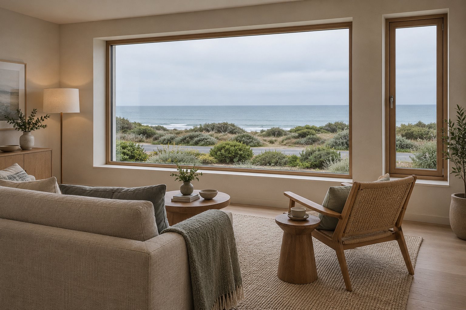Architectural concept of a furnished coastal sitting room with a closed picture window and narrower casement, overlooking a road, dunes and sea.