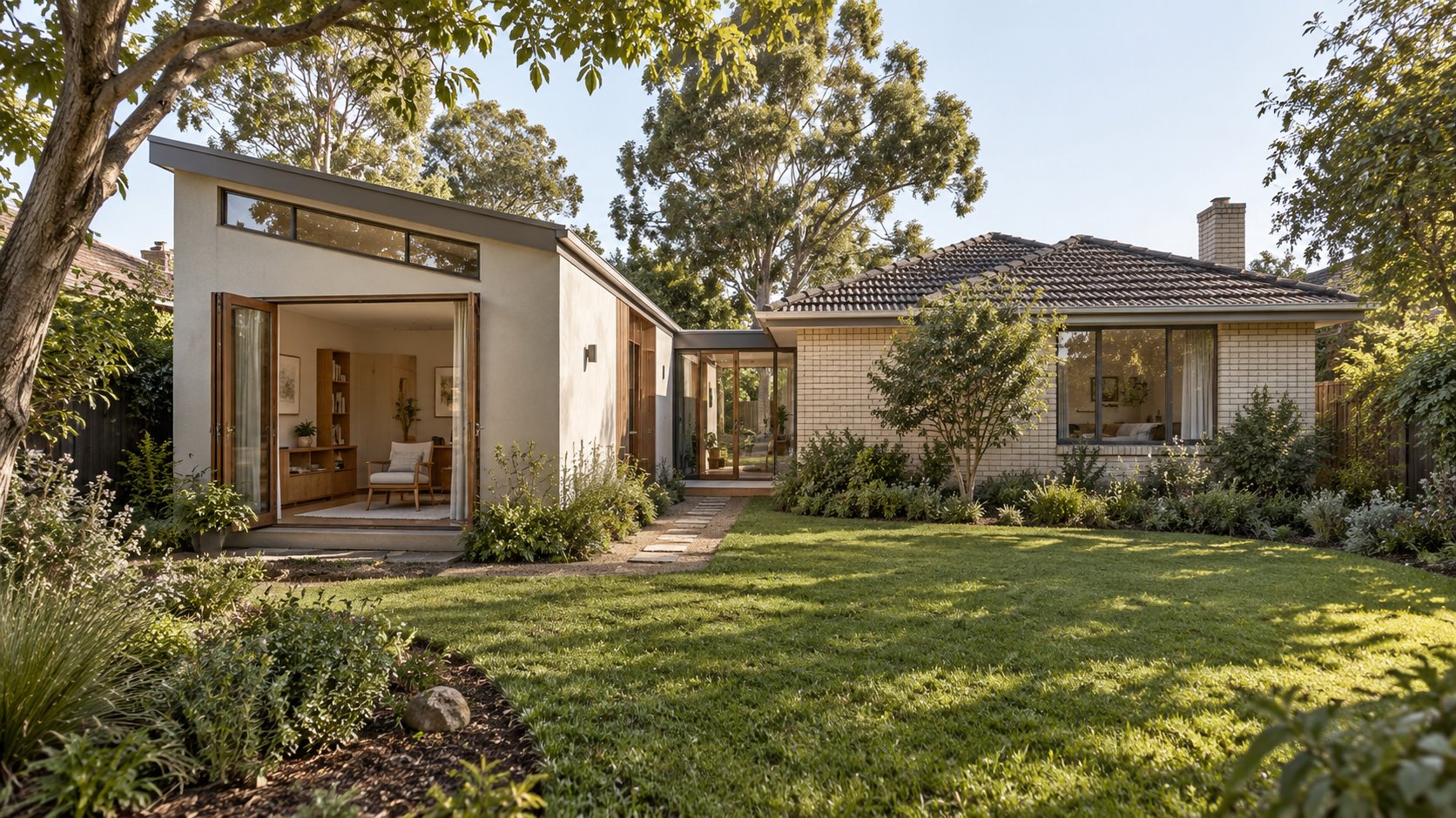 Architectural concept of a white single-storey side wing with a sloping roof and high window, linked to a retained cream-brick house beside a garden.