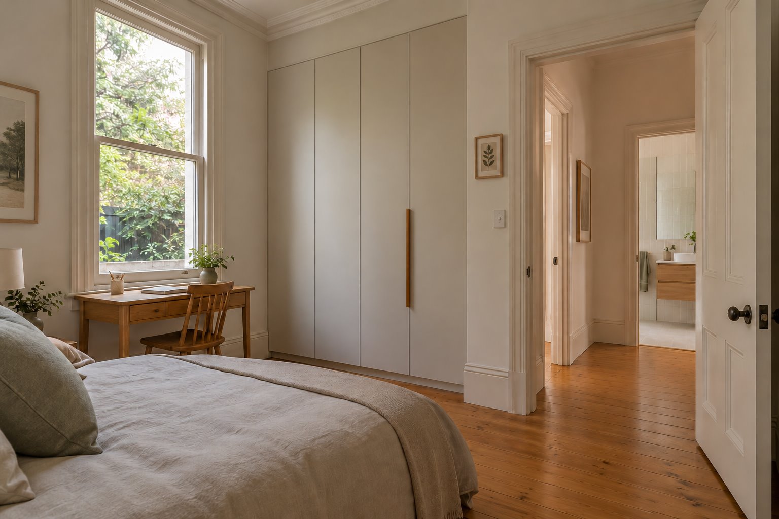 Architectural concept of a renovated older-house bedroom and desk, with contemporary storage and a separate bathroom reached across the hall.