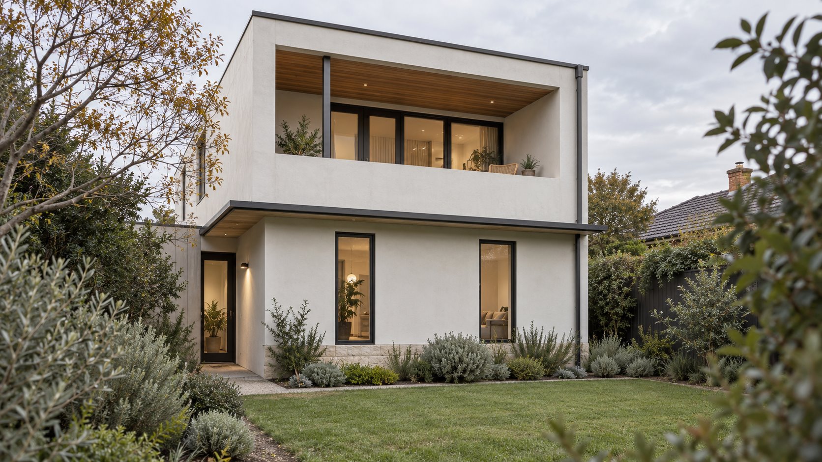 Architectural concept of a white two-storey garden home with a recessed upper balcony, timber soffit, reachable glazed doors and visible corner downpipe.