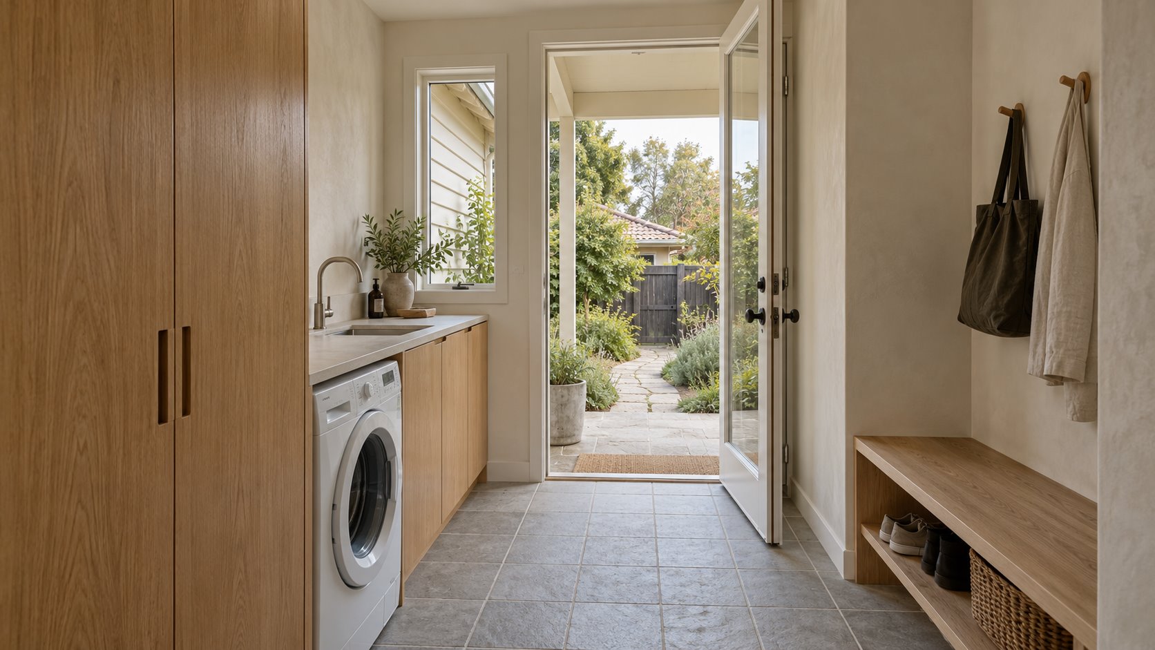 Architectural concept of a compact laundry and garden entrance with oak cupboards, a sink, shoe bench and glazed door to a covered porch.