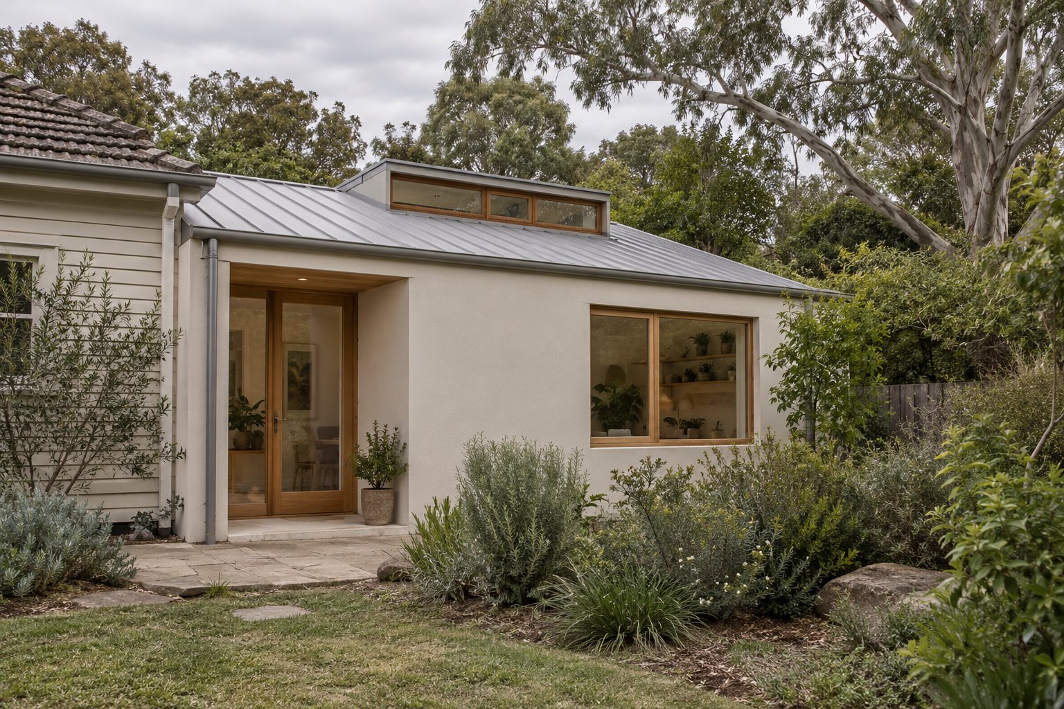 Architectural concept of a pale garden addition beside an older weatherboard house, with a small raised clerestory above its pitched metal roof.