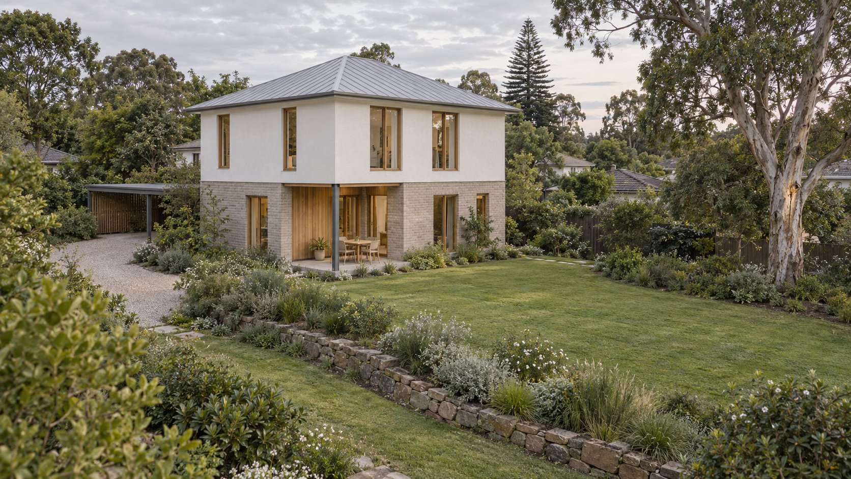 Architectural concept of a compact two-storey white and pale-brick house with a hipped metal roof, corner porch and broad established garden.