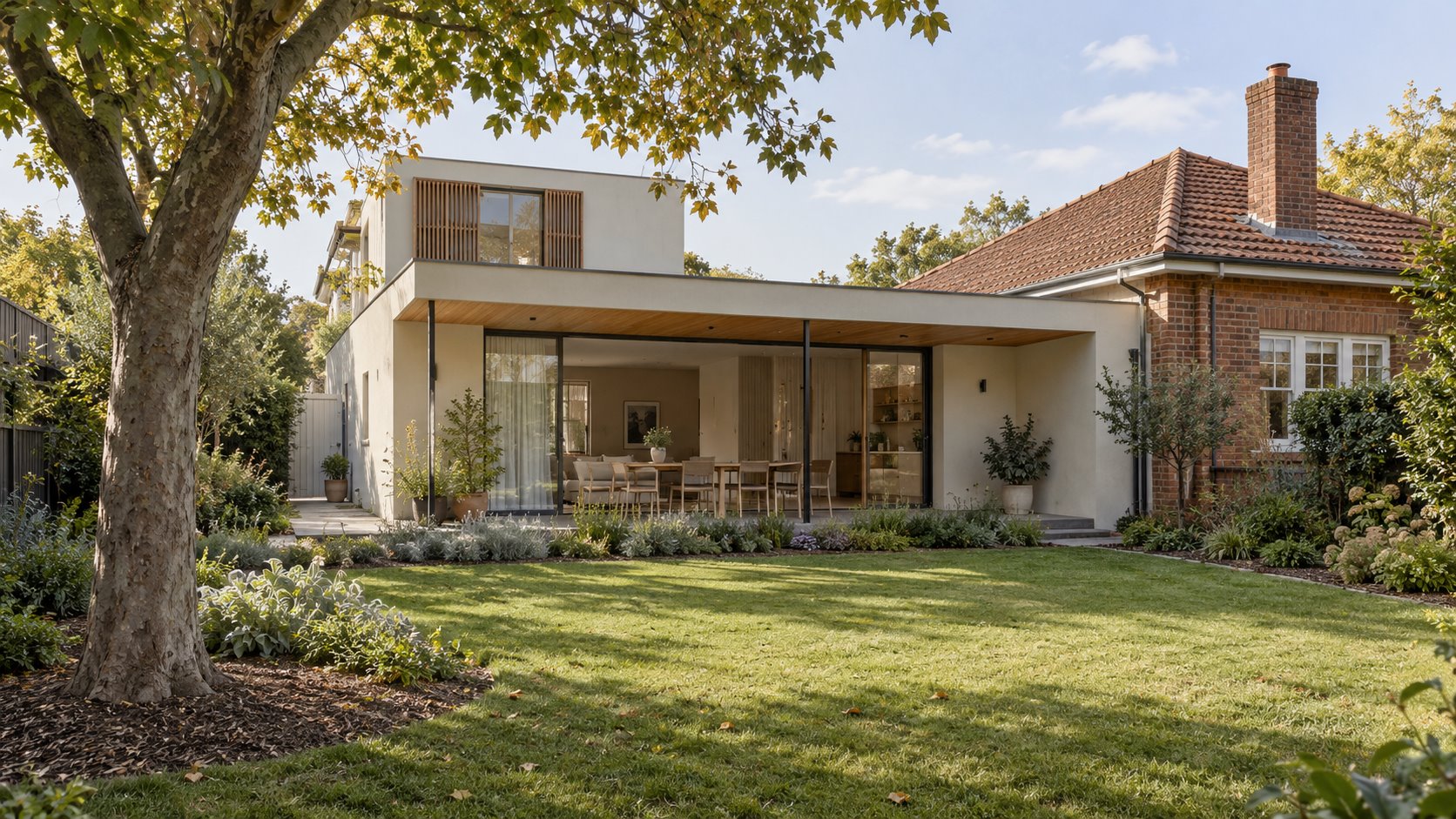 Architectural concept of a low white garden addition and small set-back upper wing beside a retained brick house, with a covered terrace, lawn and mature tree.