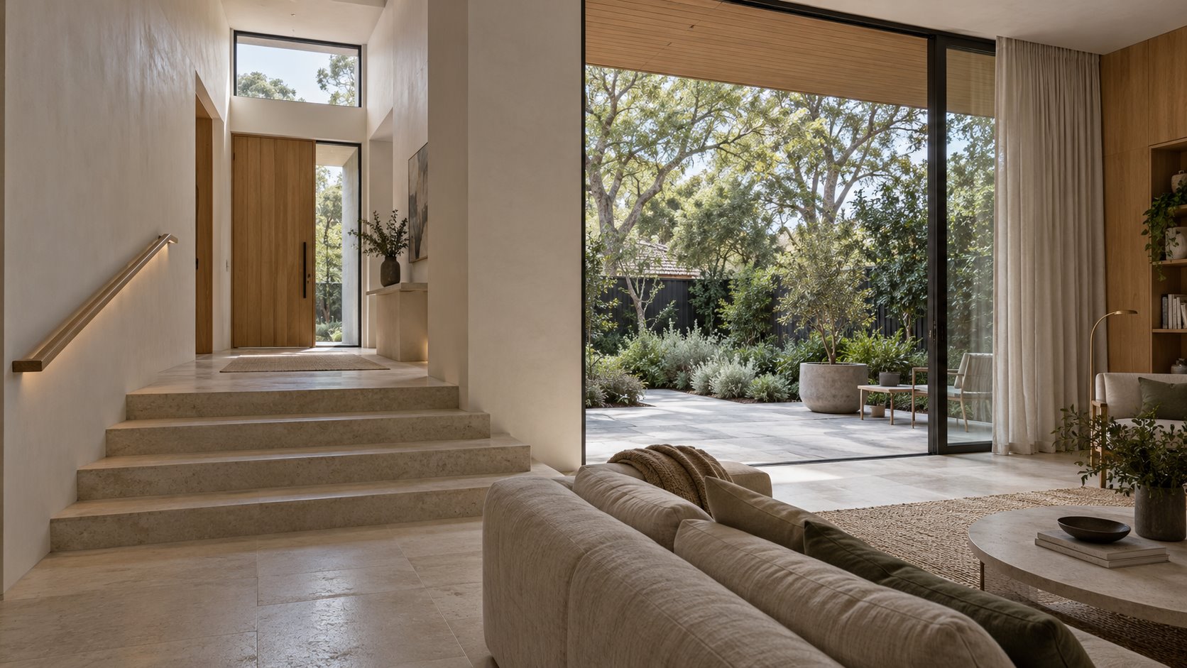 Architectural concept showing steps from a raised entry hall to a lower living room, with a high window, timber joinery and a garden opening.