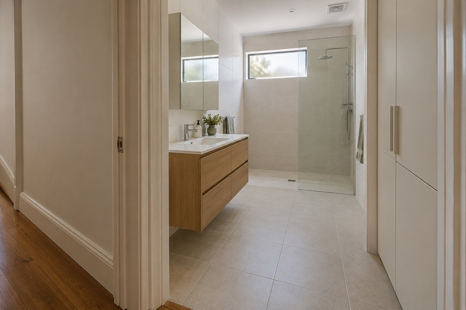 Architectural concept viewed through an older timber doorway into a pale tiled shower room with oak vanity, high privacy window and linen storage.