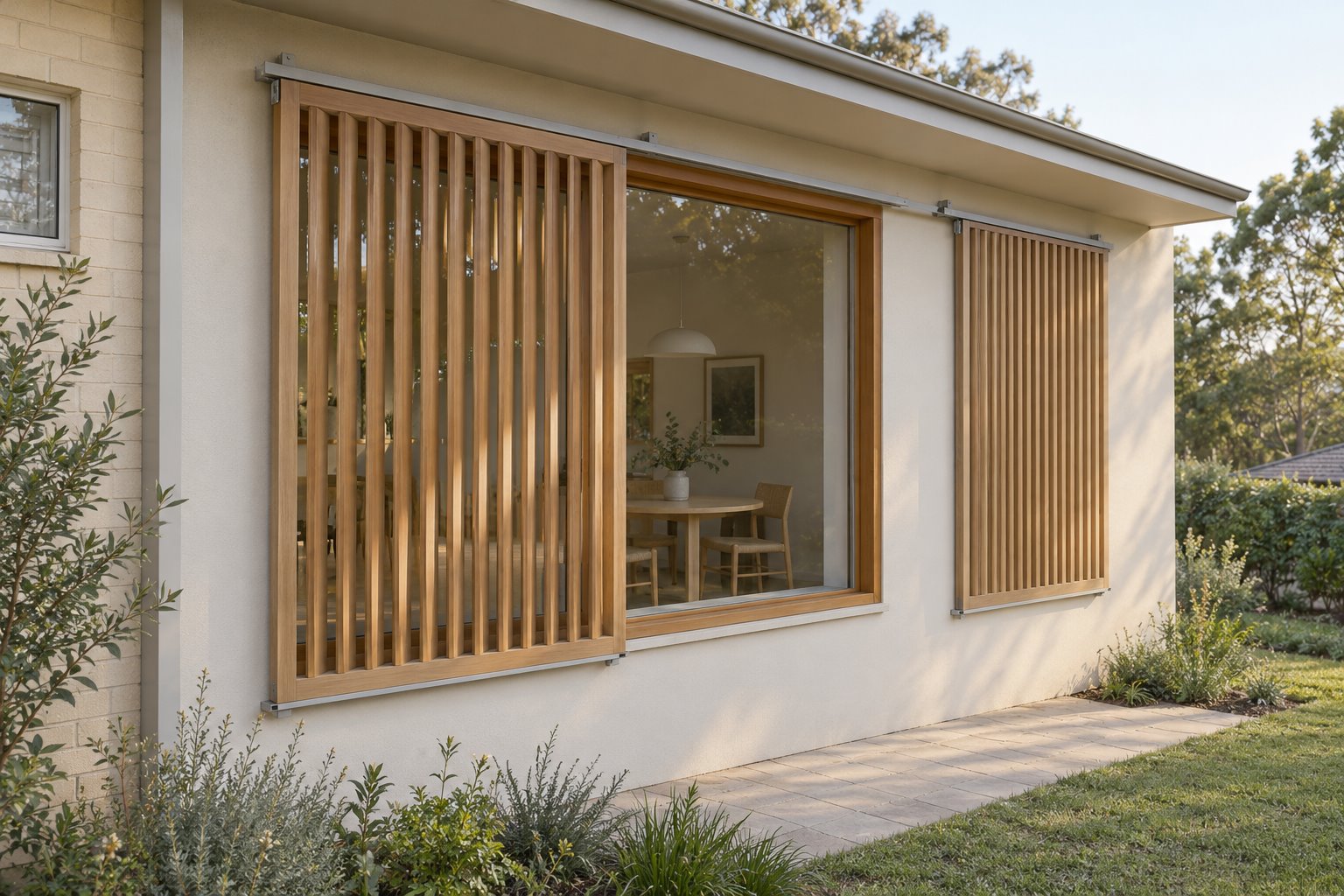 Architectural concept of a timber-framed dining-room window with one external louvred panel over part of the glass and another against the adjacent pale wall.