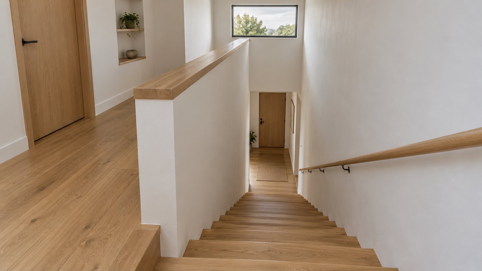 Architectural concept viewed from an upper landing beside a straight oak stair, solid white balustrade, bedroom door and high window.