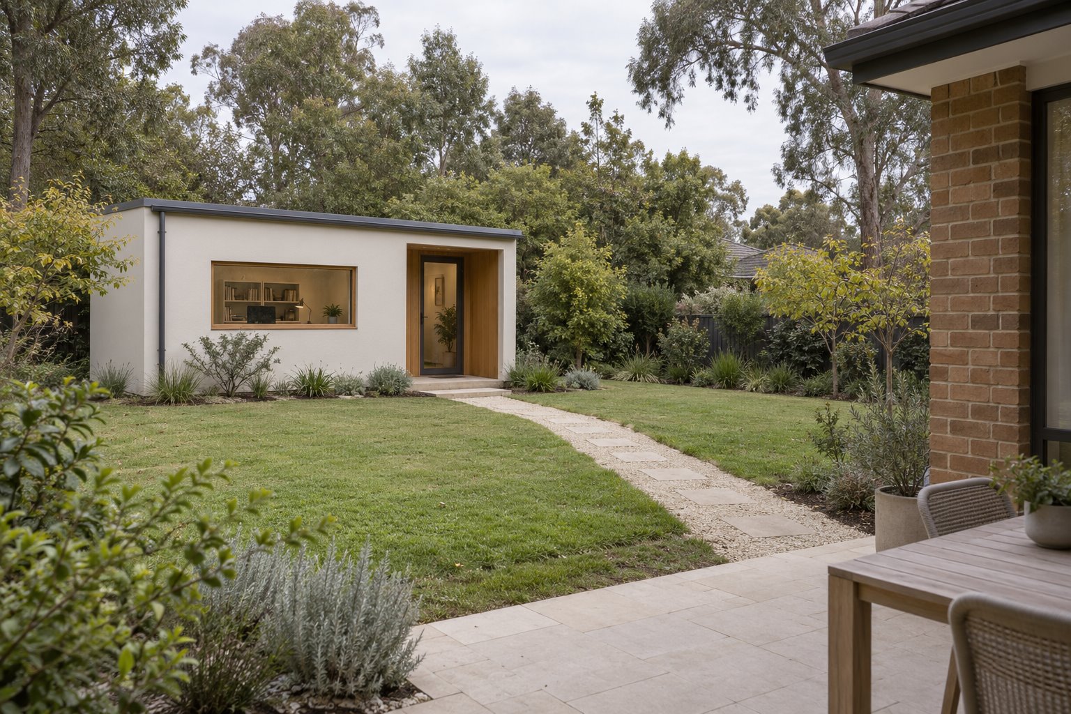 Architectural concept looking from a brick home's patio across lawn and an uncovered path to a separate pale studio with a timber-lined doorway.