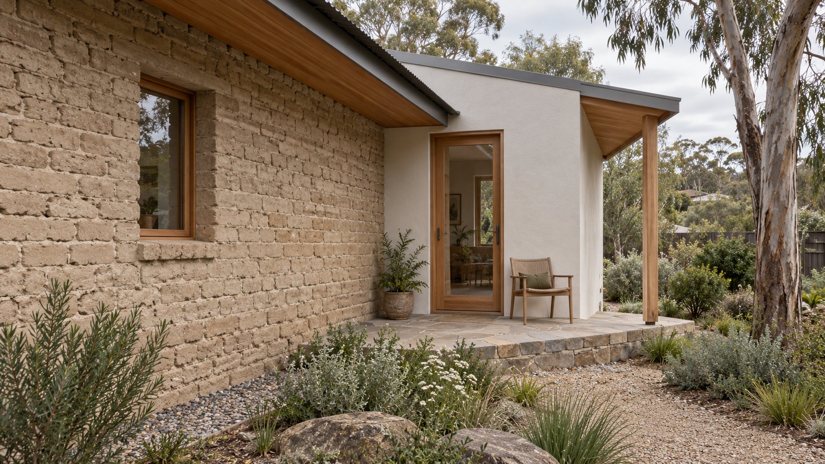 Architectural concept of a retained earth-brick wall under a timber-lined eave beside a restrained white addition and sheltered garden doorway.