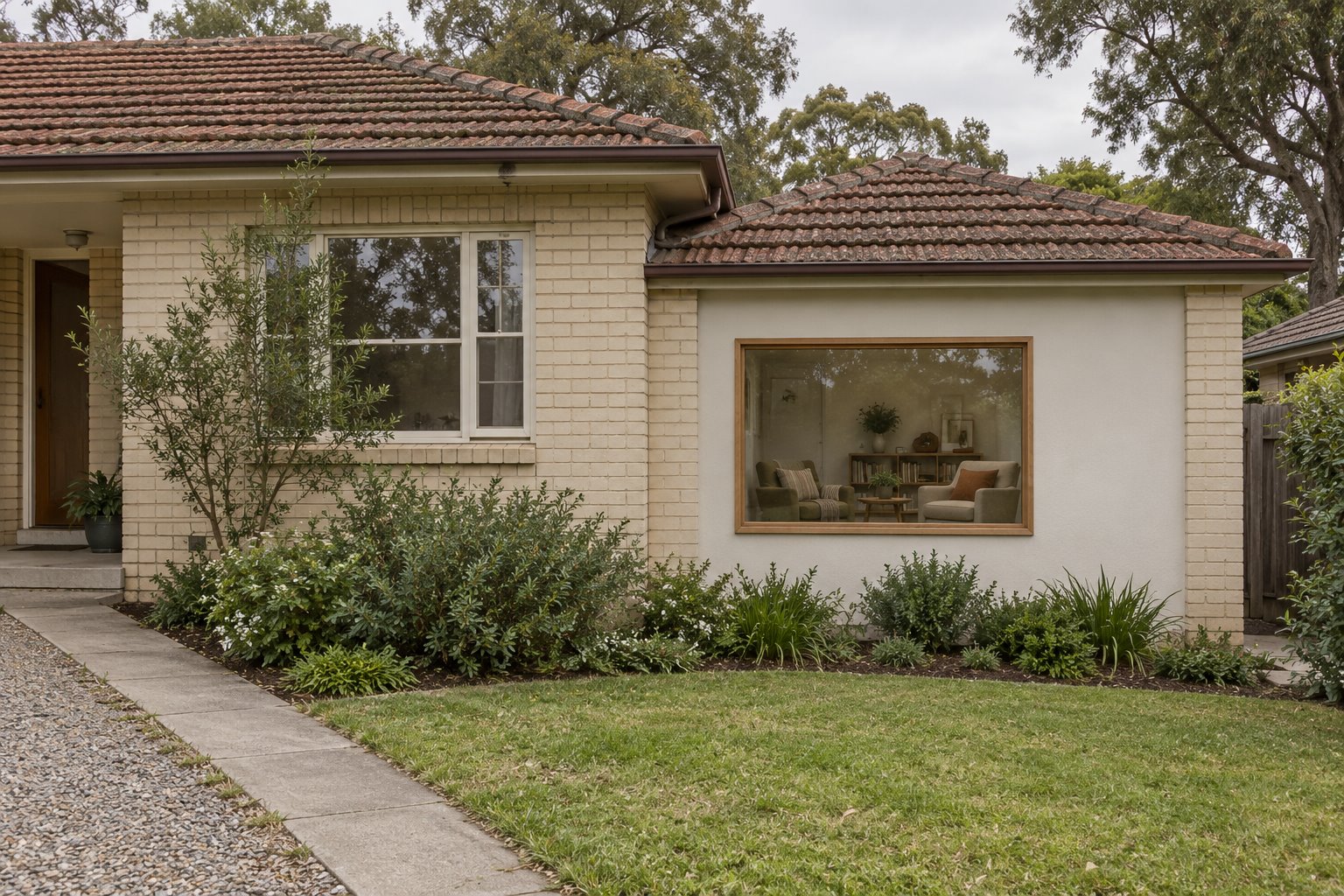 Architectural concept of a cream-brick tiled-roof home with a pale infill panel and timber window between retained former garage piers, facing a planted garden.