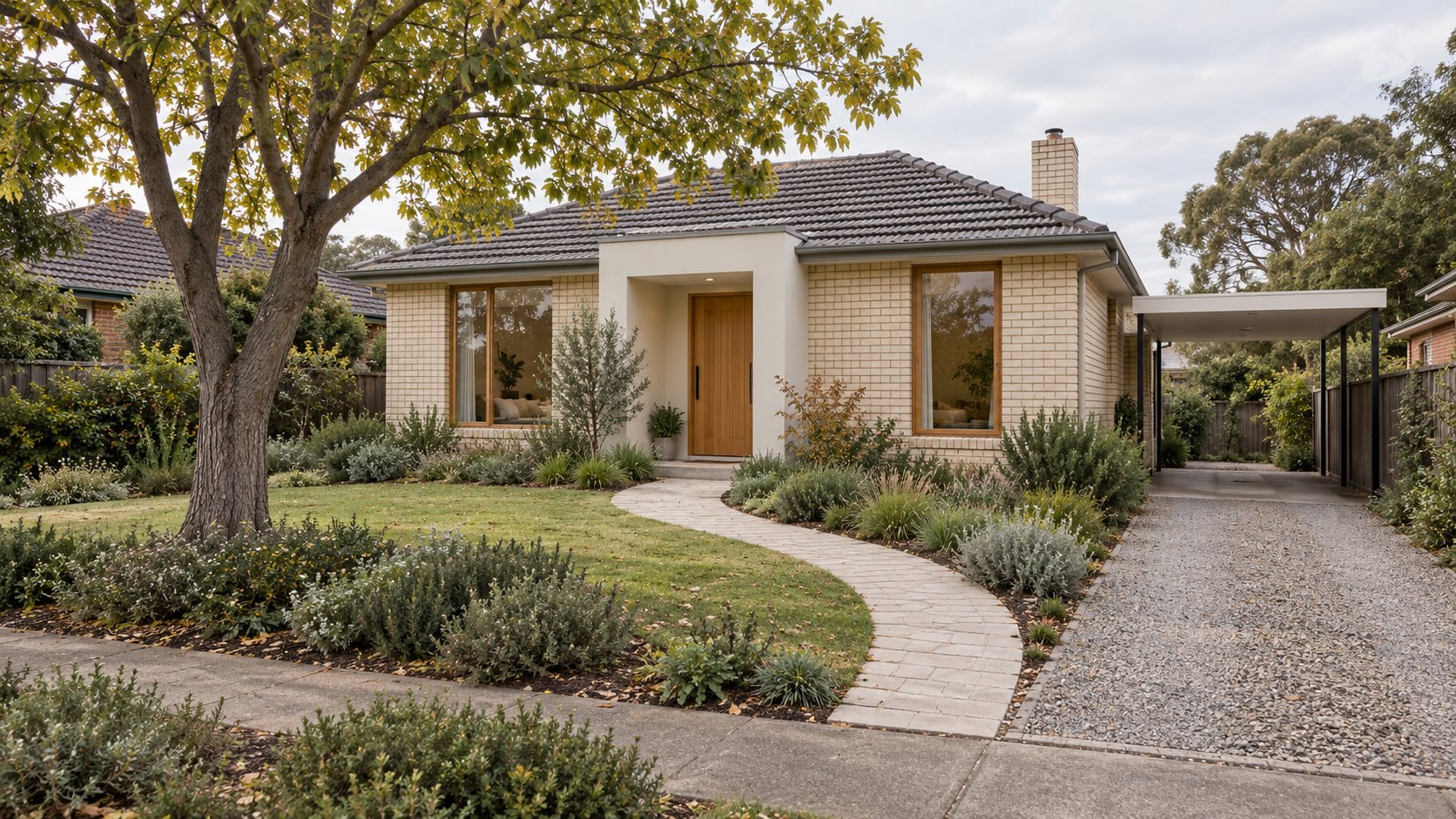 Architectural concept of a renovated cream-brick home with a sheltered white porch, curved garden path and a restrained open carport to the side.