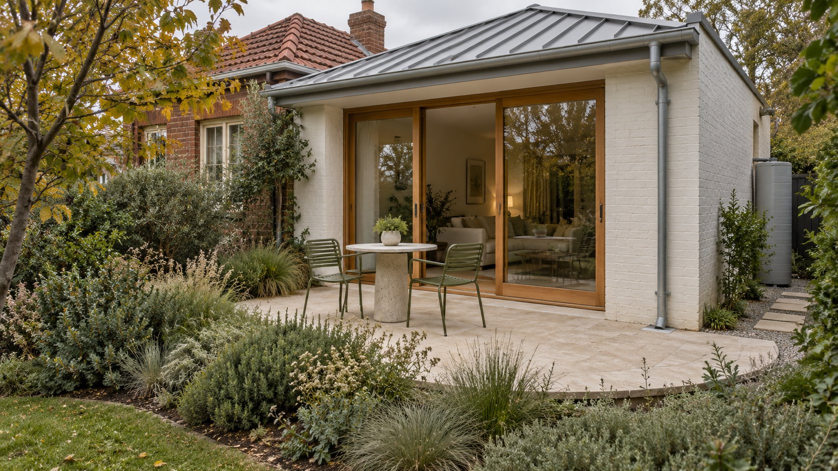 Architectural concept of a white brick garden addition with an exposed gutter and downpipe, timber glazed door, small terrace and planted garden.