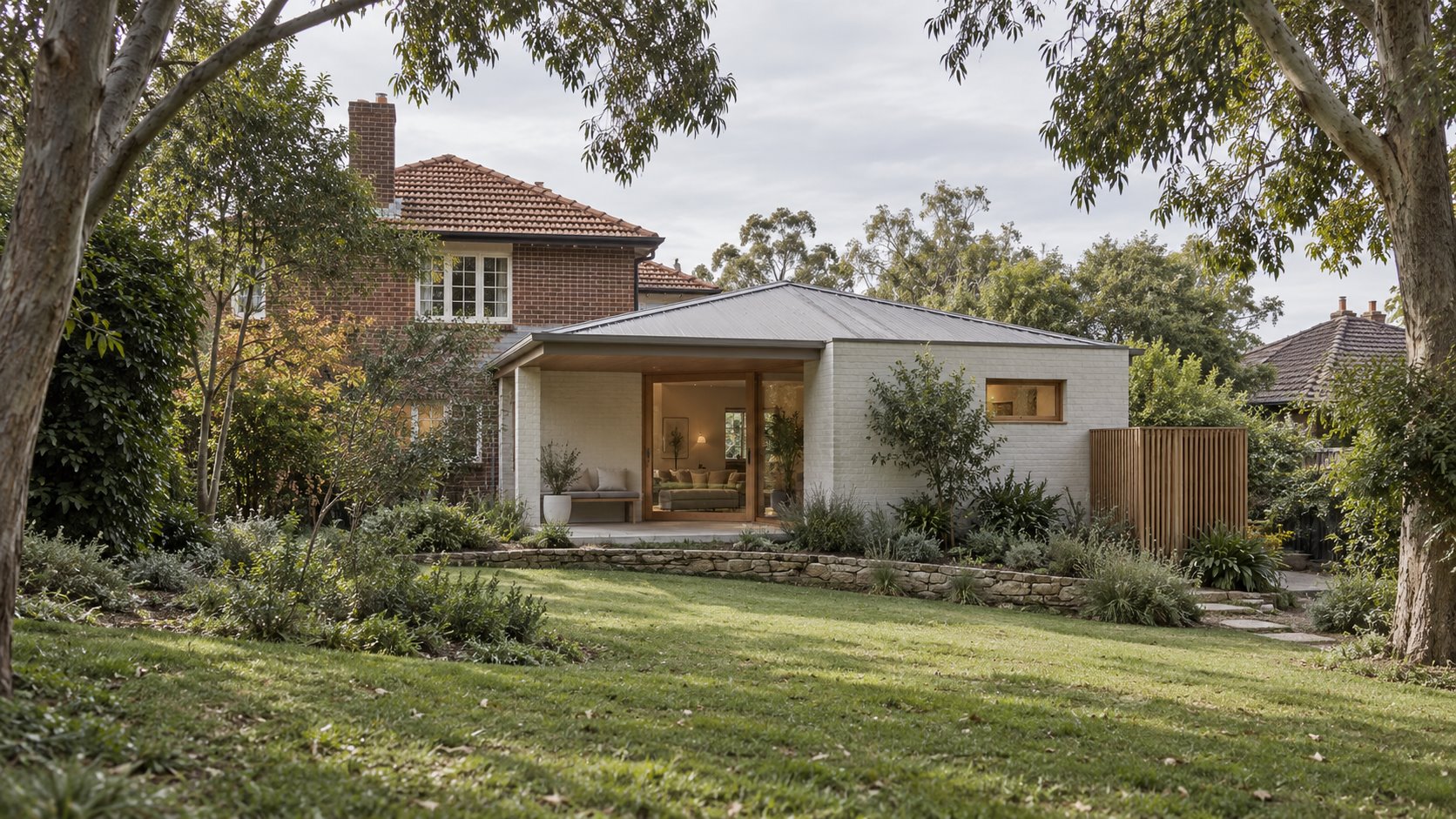 Architectural concept of a low white rear addition to an older brick house, with a sheltered living doorway, higher side window and short timber screen.