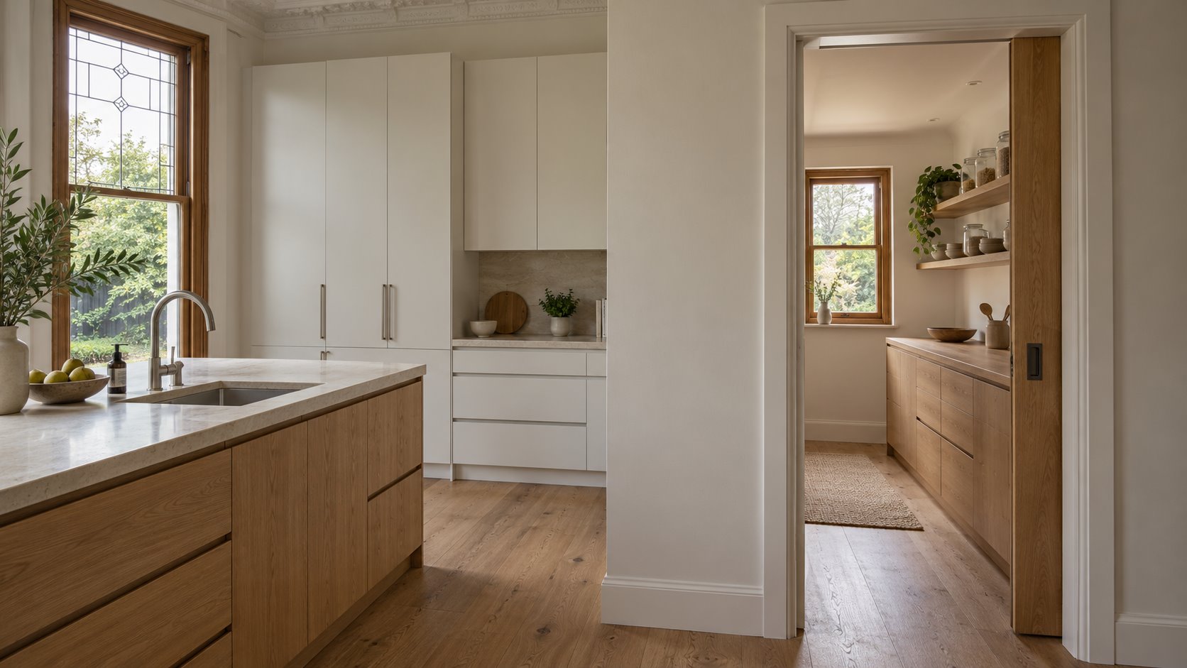 Architectural concept of a pale kitchen with a timber worktop base and leadlight window beside an open doorway to a smaller window-lit preparation room.