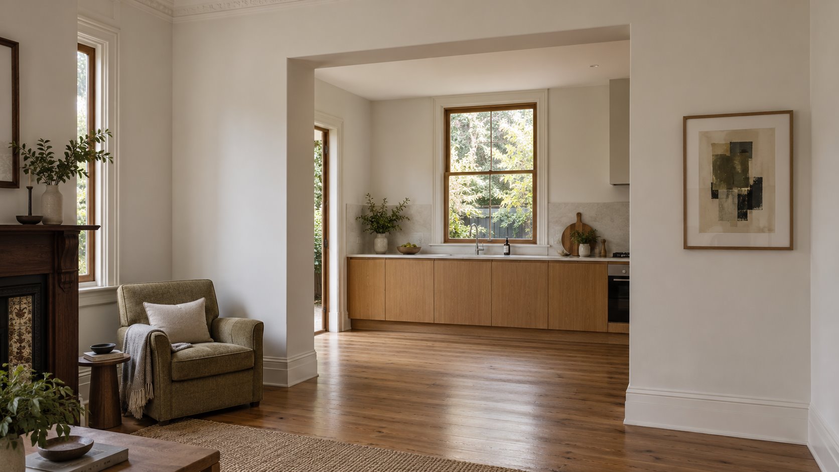 Architectural concept of a wide rectangular opening with substantial retained plaster walls, connecting an older sitting room to a contemporary timber kitchen.