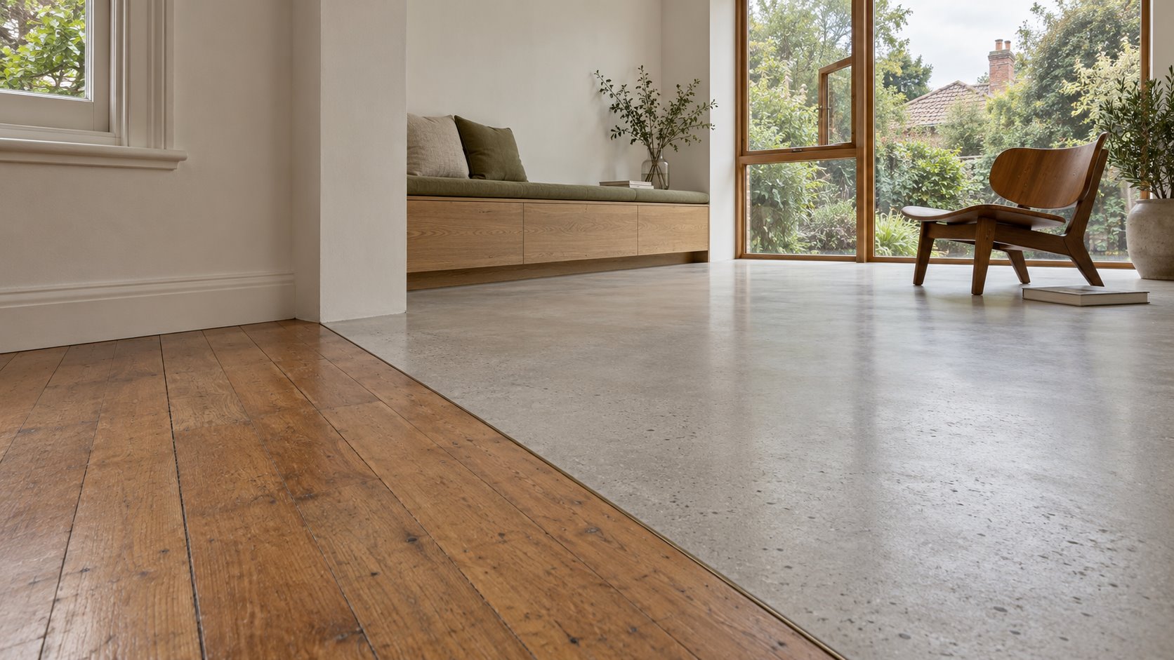 Architectural concept showing older timber floorboards meeting a pale mineral floor at a narrow joint beside a garden-facing sitting area.