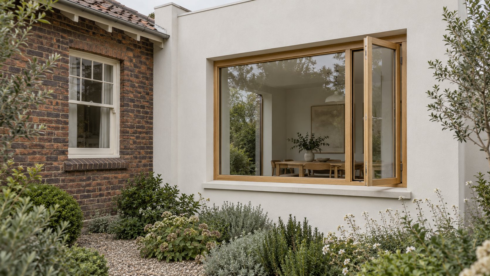 Architectural concept showing a cream divided-pane window in older clinker brick beside a recessed timber window with an open casement in a white addition.