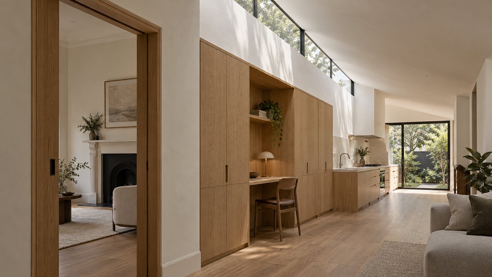 Architectural concept of a narrow renovation with a high glazed strip above timber storage and a desk, beside a retained front room with a fireplace.